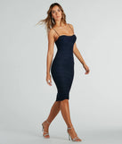Make a bold statement in the Avery Formal Mesh Bodycon Midi Dress in navy blue, the perfect summer dress for weddings, cocktail hours, nights out, and/or seasonal celebrations.