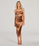 The midi dress length on the Poppy High Slit Satin Formal Corset Midi Dress provides an elevated silhouette perfect for any party, occasion, or everyday styling.