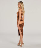 Revamp your 2025 wardrobe with this chic addition, the Poppy High Slit Satin Formal Corset Midi Dress in brown, perfect for elevating your style in the new year.
