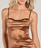 Revamp your 2025 wardrobe with this chic addition, the Poppy High Slit Satin Formal Corset Midi Dress in brown, perfect for elevating your style in the new year.