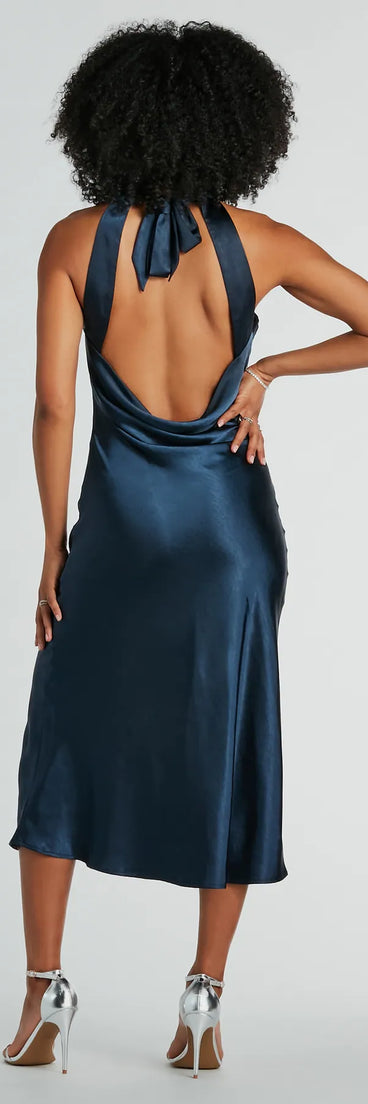Style your seasonal looks with the Ingrid Formal Satin Halter Dress, a trend-right, navy blue formal dress designed for any plan on your calendar with new and unqiue details.