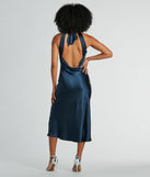 Style your seasonal looks with the Ingrid Formal Satin Halter Dress, a trend-right, navy blue fall dress designed for any plan on your calendar with new and unqiue details.