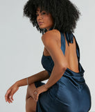 Revamp your 2025 wardrobe with this chic addition, the Ingrid Formal Satin Halter Dress in navy, perfect for elevating your style in the new year.