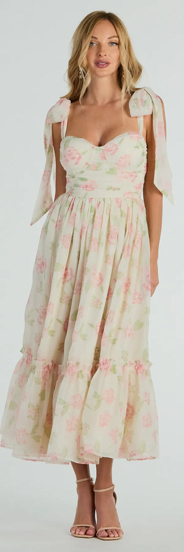 Gretchen Sweetheart Tie Floral Chiffon Midi Dress