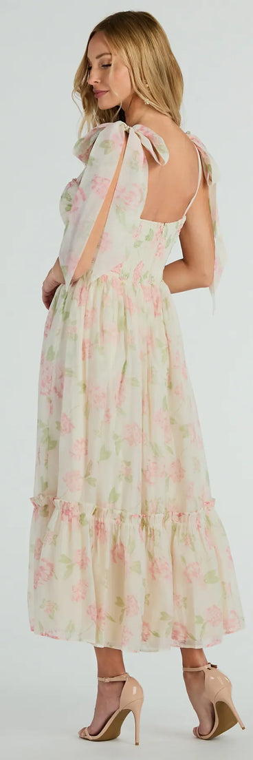 Gretchen Sweetheart Tie Floral Chiffon Midi Dress
