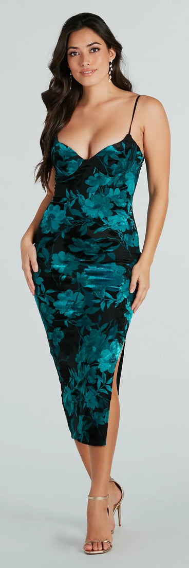 Kiri Formal Floral Velvet Sweetheart Midi Dress