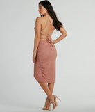 Make a bold statement in the Selene Lace-Up Ruched Glitter Formal Midi Dress in rose, the perfect summer dress for weddings, cocktail hours, nights out, and/or seasonal celebrations.