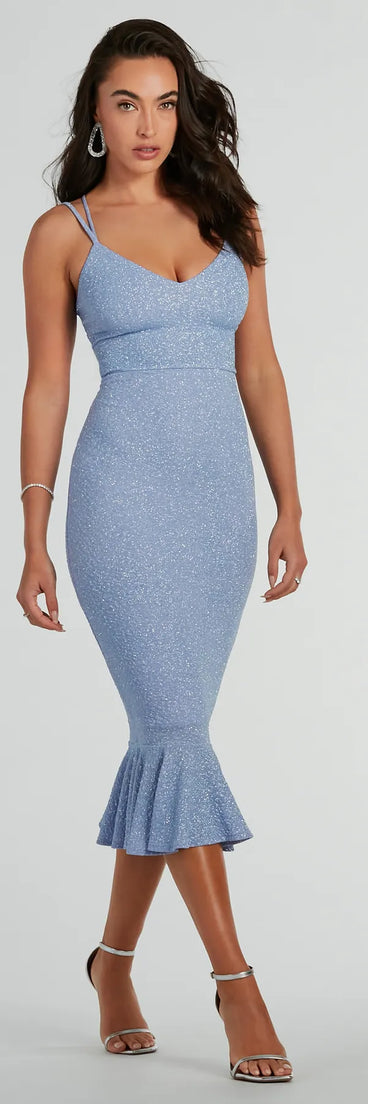 The Marlee Lace-Up Mermaid Glitter Midi Formal Dress is a shimmery periwinkle glitter dress that catches the light beautifully, perfect for any special outfit like Winter Formal attire, clubwear, or a wedding guest dress.