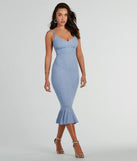 The Marlee Lace-Up Mermaid Glitter Midi Formal Dress is a shimmery periwinkle glitter dress that catches the light beautifully, perfect for any special outfit like Winter Formal attire, clubwear, or a wedding guest dress.