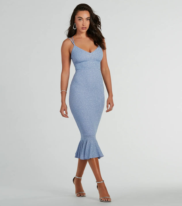 The Marlee Lace-Up Mermaid Glitter Midi Formal Dress is a shimmery periwinkle glitter dress that catches the light beautifully, perfect for any special outfit like Winter Formal attire, clubwear, or a wedding guest dress.