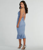 You'll look stunning in the Marlee Lace-Up Mermaid Glitter Midi Formal Dress, a periwinkle formal dress designed to create an effortless yet standout look as women's formal holiday attire, work party outfit, or NYE dress.