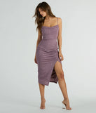 Make the big day unforgettable with the Kim Cowl Neck Bodycon Glitter Midi Dress, a gorgeous purple bridesmaid dress that balances elegance and affordability.