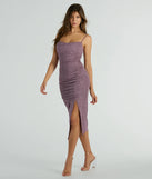 Revamp your 2025 wardrobe with this chic addition, the Kim Cowl Neck Bodycon Glitter Midi Dress in purple, perfect for elevating your style in the new year.