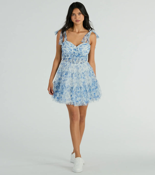 slim fit dress slacks Brynne Formal Floral Mesh Ruffled Skater Dress