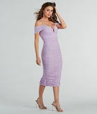 Make a bold statement in the Anika Cold-Shoulder Pearl Mesh Formal Midi Dress in lavender, the perfect spring dress for weddings, cocktail hours, nights out, and/or seasonal celebrations.