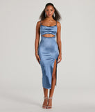 Feel confident and photo-ready in the Seona Formal Satin Midi Dress, a denim blue graduation dress perfect for 2025 ceremonies and parties.