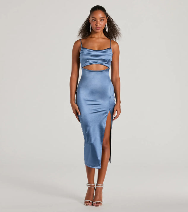 Feel confident and photo-ready in the Seona Formal Satin Midi Dress, a denim blue graduation dress perfect for 2025 ceremonies and parties.