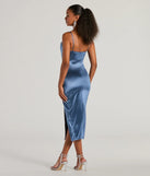 With its mid-calf hem and popular flattering fit, the Seona Formal Satin Midi Dress in denim blue nails the balance of trend and ease, redefining go-to midi dresses for any occasion.