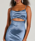 Step into the Prom 2025 dance in the Seona Formal Satin Midi Dress in denim, a stunning blue prom dress designed to complement any theme with its timeless allure and statement-making style.