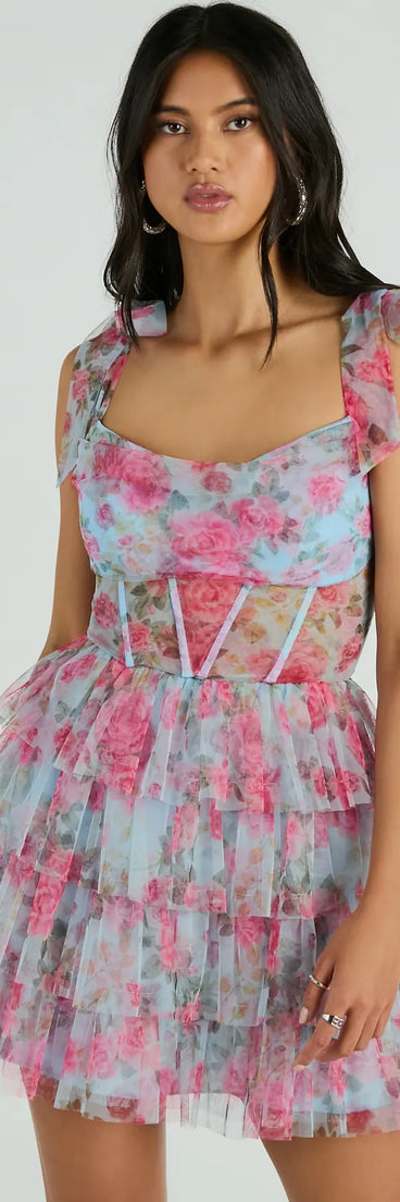 ruched corset mini dress in small rose print Rosabelle Floral Corset Mini Dress - Red/combo