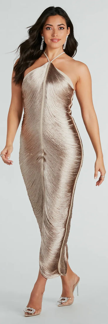 Carolina Formal Fringe High Neck Maxi Dress