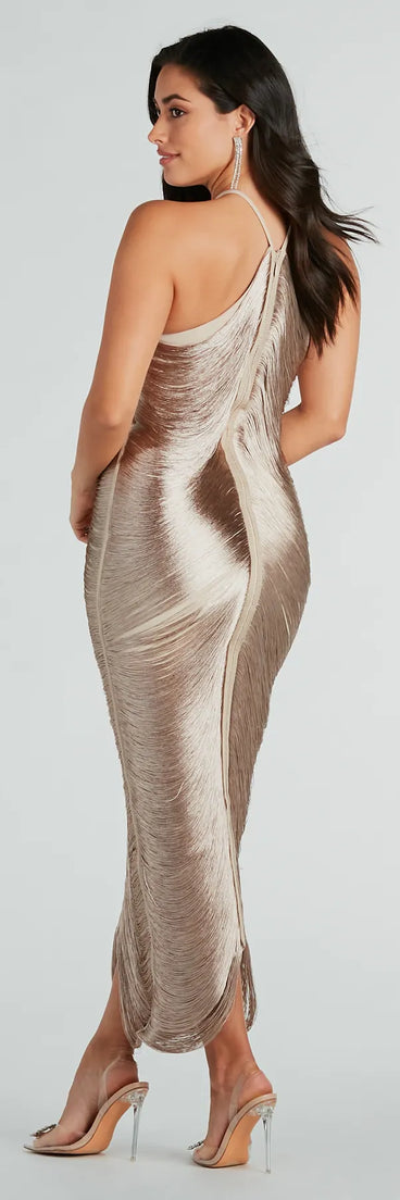 Carolina Formal Fringe High Neck Maxi Dress