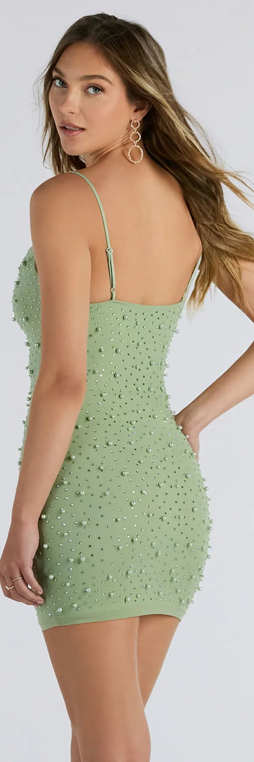 Flaunt your silhouette in the tight Catalina Rhinestone And Pearl Formal Mini Dress in sage green, a bodycon dress that empowers your look with bold style and effortless edge.