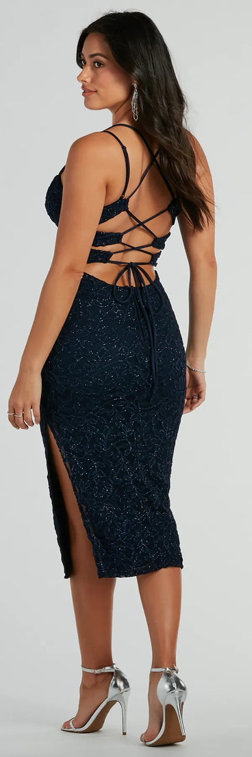 Revamp your 2025 wardrobe with this chic addition, the Darcy Lace-Up Glitter Lace Midi Formal Dress in navy, perfect for elevating your style in the new year.