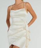 Make a bold statement in the Josie Ruffle Detail Satin Mini Dress in ivory, the perfect summer dress for weddings, cocktail hours, nights out, and/or seasonal celebrations.