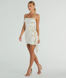 Own the evening in the Josie Ruffle Detail Satin Mini Dress in ivory, a summer cocktail dress perfect for rooftop parties and stylish soirées.