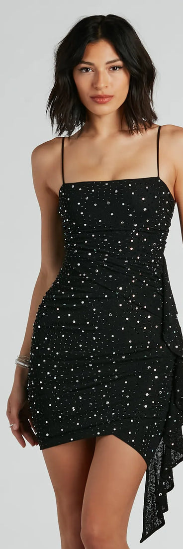 The Jess Side Ruffle Rhinestone Bodycon Party Dress is a mini dress that will make a statement with its short hemline and on-trend details to have you ready for any event!