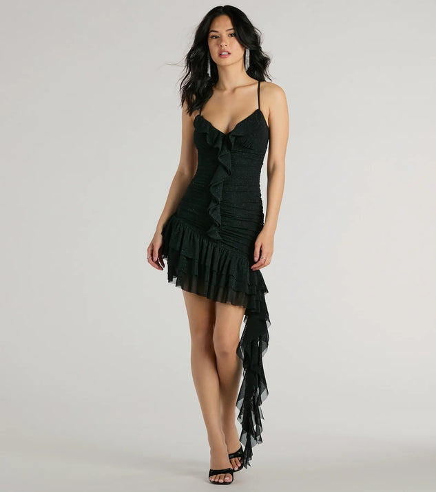 The Violet Lace-Up Ruffle Glitter Mesh Party Dress is a mini dress that will make a statement with its short hemline and on-trend details to have you ready for any event!