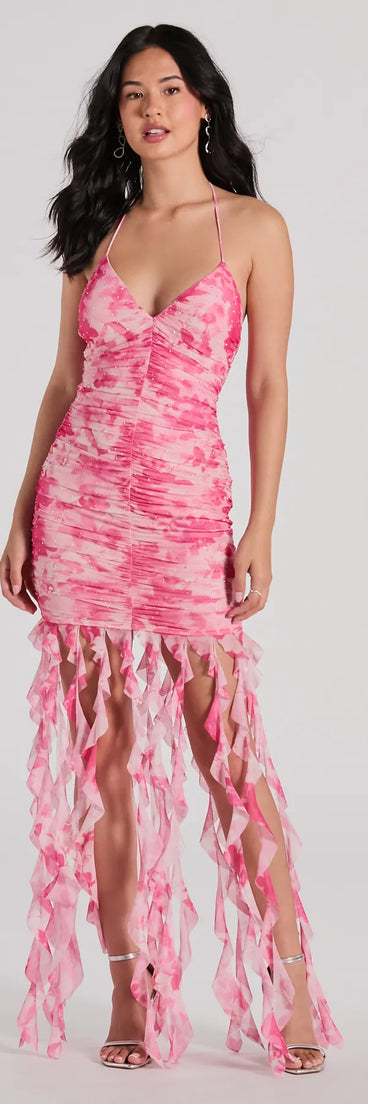 The Belinda Halter Floral Rhinestone Ruffle Mini Dress is a mini dress that will make a statement with its short hemline and on-trend details to have you ready for any event!