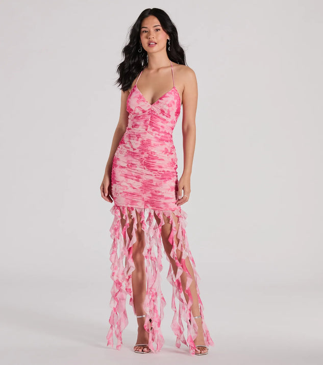 The Belinda Halter Floral Rhinestone Ruffle Mini Dress is a mini dress that will make a statement with its short hemline and on-trend details to have you ready for any event!