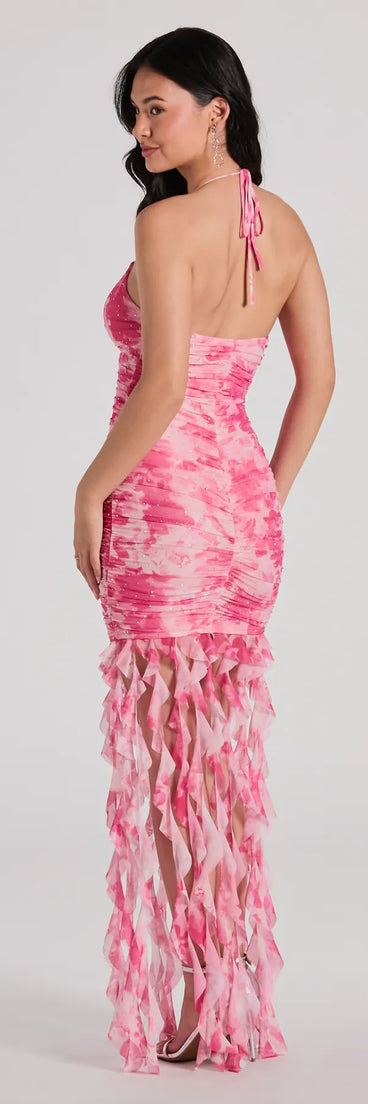 The Belinda Halter Floral Rhinestone Ruffle Mini Dress is a stylish pink floral dress featuring a fresh seasonal print and flattering design, perfect for garden parties, bridal showers, Valentine's Day celebrations, or everyday spring styling.