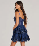 Revamp your 2025 wardrobe with this chic addition, the Michelle Corset Sequin Applique Ruffle Skater Dress in navy, perfect for elevating your style in the new year.