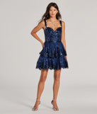 Revamp your 2025 wardrobe with this chic addition, the Michelle Corset Sequin Applique Ruffle Skater Dress in navy, perfect for elevating your style in the new year.