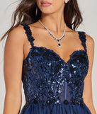 Revamp your 2025 wardrobe with this chic addition, the Michelle Corset Sequin Applique Ruffle Skater Dress in navy, perfect for elevating your style in the new year.
