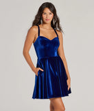 Own every entrance in the Eva Lace-Up Velvet Skater Party Dress, a royal blue party dress perfect for milestone birthdays and grad parties, or dancing through summer nights and unforgettable bachelorette celebrations.