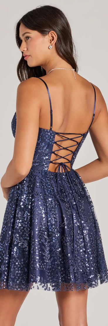 Angelica Lace-Up Corset Glitter Tulle Skater Dress