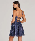 Stand out in a crowd with the Angelica Lace-Up Corset Glitter Tulle Skater Dress, a glamorous multicolor sequin dress that sparkles effortlessly as an NYE party gown, wedding guest dress, or must-have evening wear for formal events like military balls and winter formals.