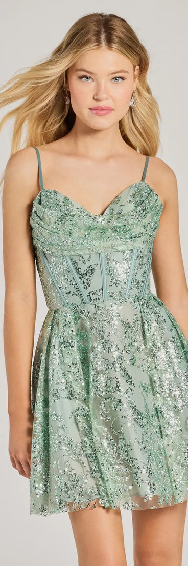 Kyra Glitter Sequin Floral Mesh Skater Dress | Windsor Kyra Glitter Sequin Floral Mesh Skater Dress | Windsor