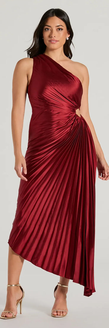 Felicity One-Shoulder Pleated Satin A-Line Midi Dress