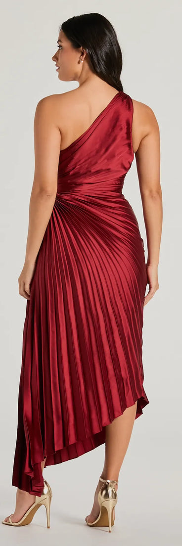 Felicity One-Shoulder Pleated Satin A-Line Midi Dress