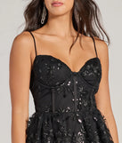 Shine bright in the Andrea Corset Floral Embroidered A-Line Party Dress, a glamorous black sequin dress that captures the light beautifully, ideal for an NYE party dress, wedding guest dress, or military ball gown.