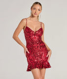 Turn heads in the beaming Madalyn V-Neck Ruffle Sequin Satin Mini Dress, a stunning red sequin dress designed to add sparkle and elegance to your next night out or special occasion.
