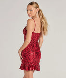 Madalyn V-Neck Ruffle Sequin Satin Mini Dress in red , a stylish red dress with a flattering fit and fabric that adds allure to your look, perfect for wedding guest attire, cocktail events, or making a bold statement on a date night.