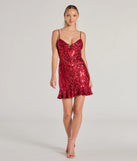 The Madalyn V-Neck Ruffle Sequin Satin Mini Dress is a dazzling red sequin dress, perfect for making a bold entrance at any event, from cocktail parties to formal celebrations.