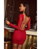 Own every entrance in the Karissa Long Sleeve Open Back Rhinestone Mini Dress, a red party dress perfect for milestone birthdays and grad parties, or dancing through summer nights and unforgettable bachelorette celebrations.