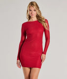 Flaunt your silhouette in the tight Karissa Long Sleeve Open Back Rhinestone Mini Dress in red, a bodycon dress that empowers your look with bold style and effortless edge.